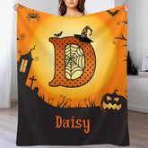 Custom Halloween Blanket โ Personalized Spooky Throw Blanket with Initial & Name โ Gift for Kids, Girls & Boys